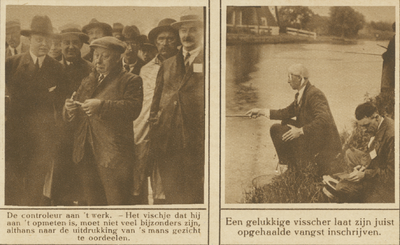 870575 Collage van 2 foto's betreffende de viswedstrijden van de visvereniging 'De Zilveren Voorn', aan de Vaartsche ...